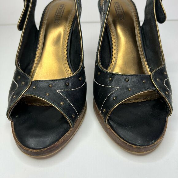 Seychelles Size 7 Singback Open Toe Black Leather Wood Block Heel Studded - Picture 4 of 11